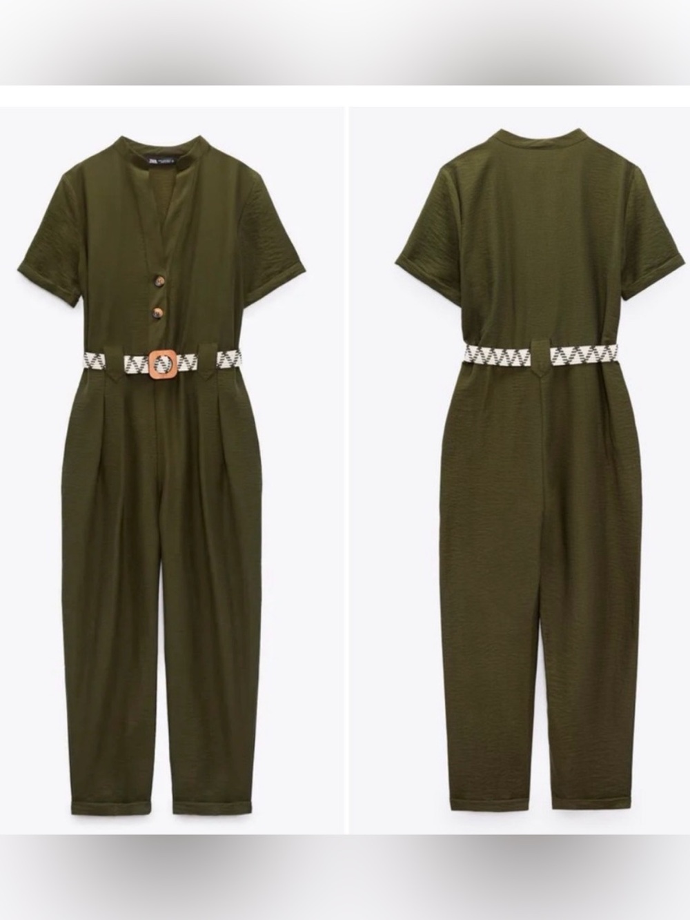 Zara Olive Green Short-Sleeve Utility Jumpsuit with Woven Belt